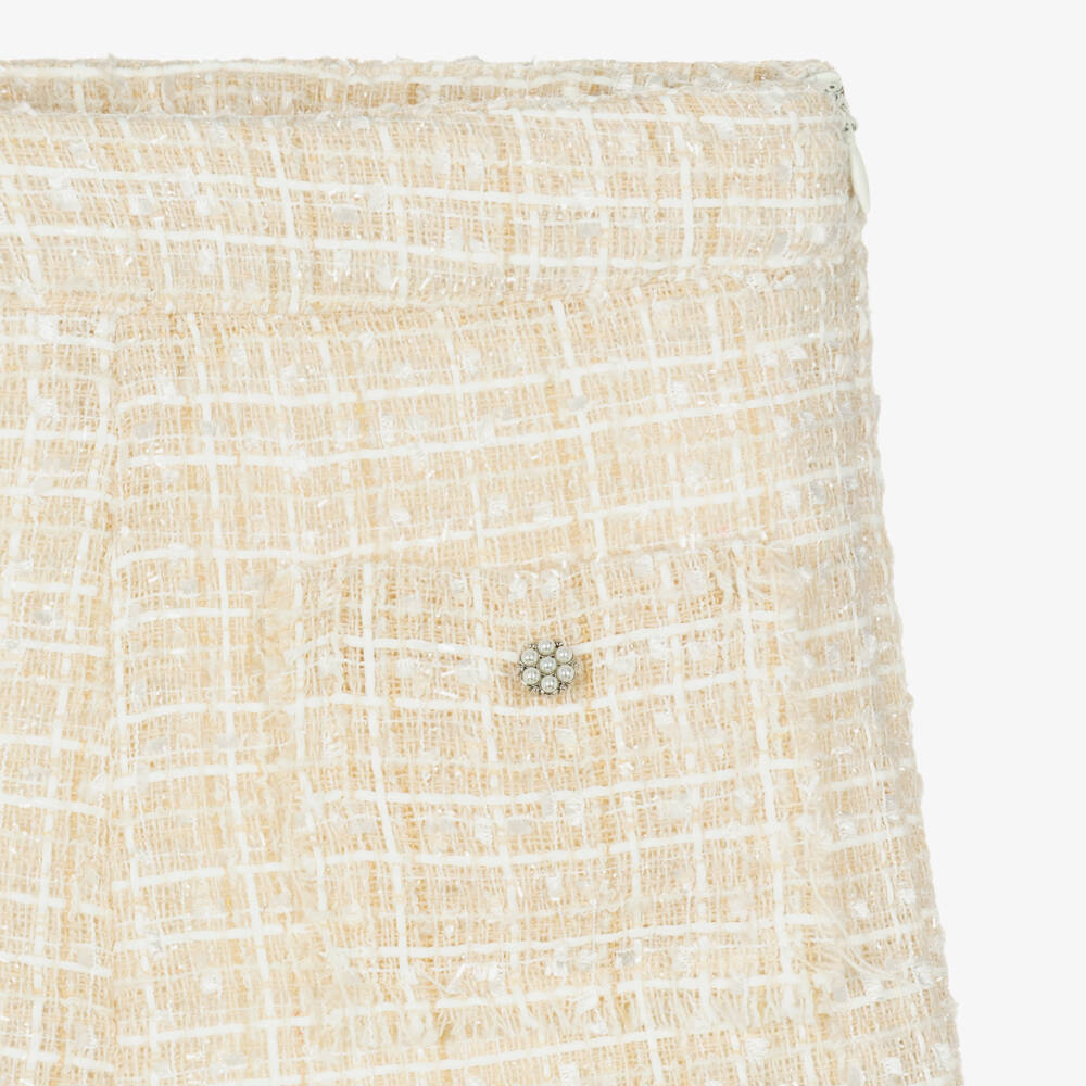 Piccola Speranza-شورت تويد بأزرار لؤلؤية لون بيج لامع للبنات | Childrensalon