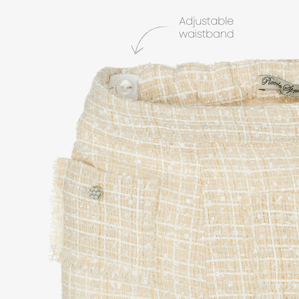 Piccola Speranza-شورت تويد بأزرار لؤلؤية لون بيج لامع للبنات | Childrensalon