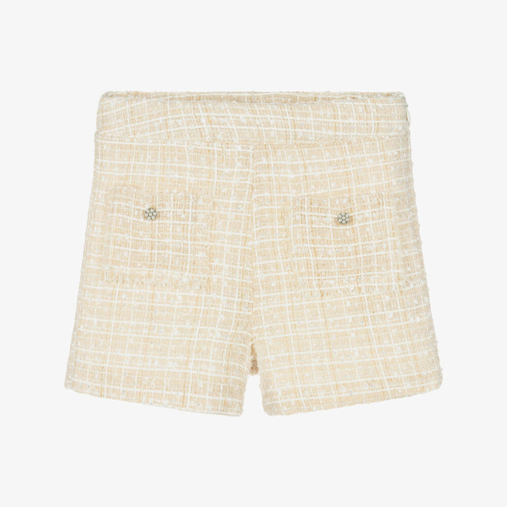 Piccola Speranza-شورت تويد بأزرار لؤلؤية لون بيج لامع للبنات | Childrensalon