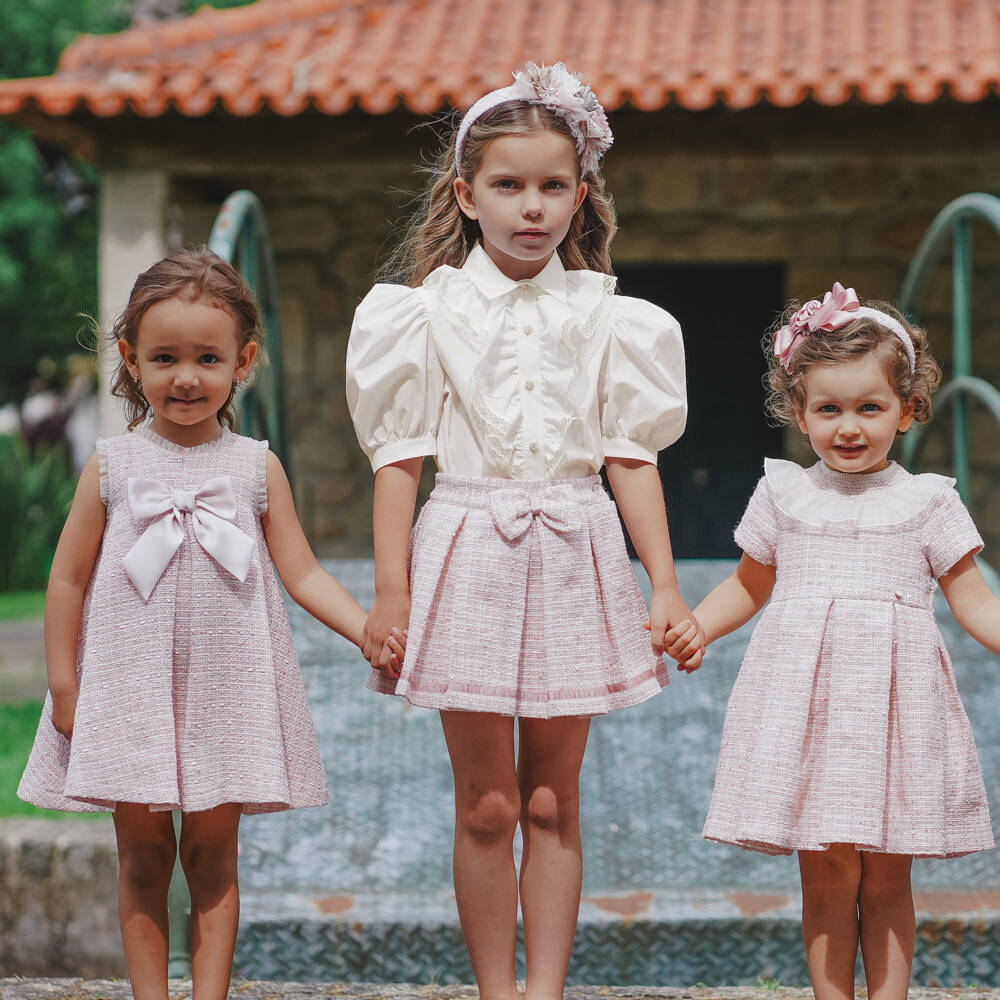 Piccola Speranza-Girls Shimmery Pink Tweed Skirt with Box Pleats | Childrensalon