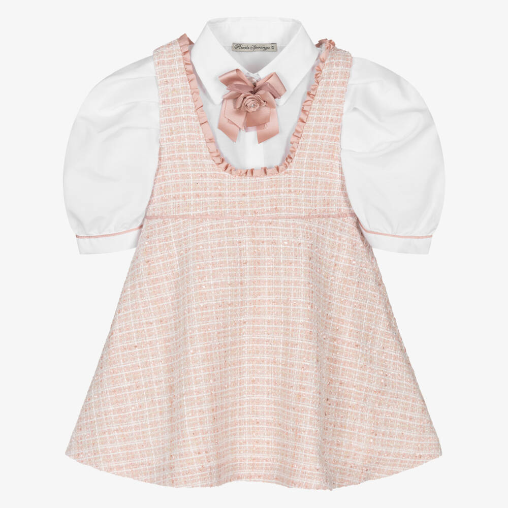 Piccola Speranza-Girls Shimmery Pink Tweet Pinafore Dress Set | Childrensalon