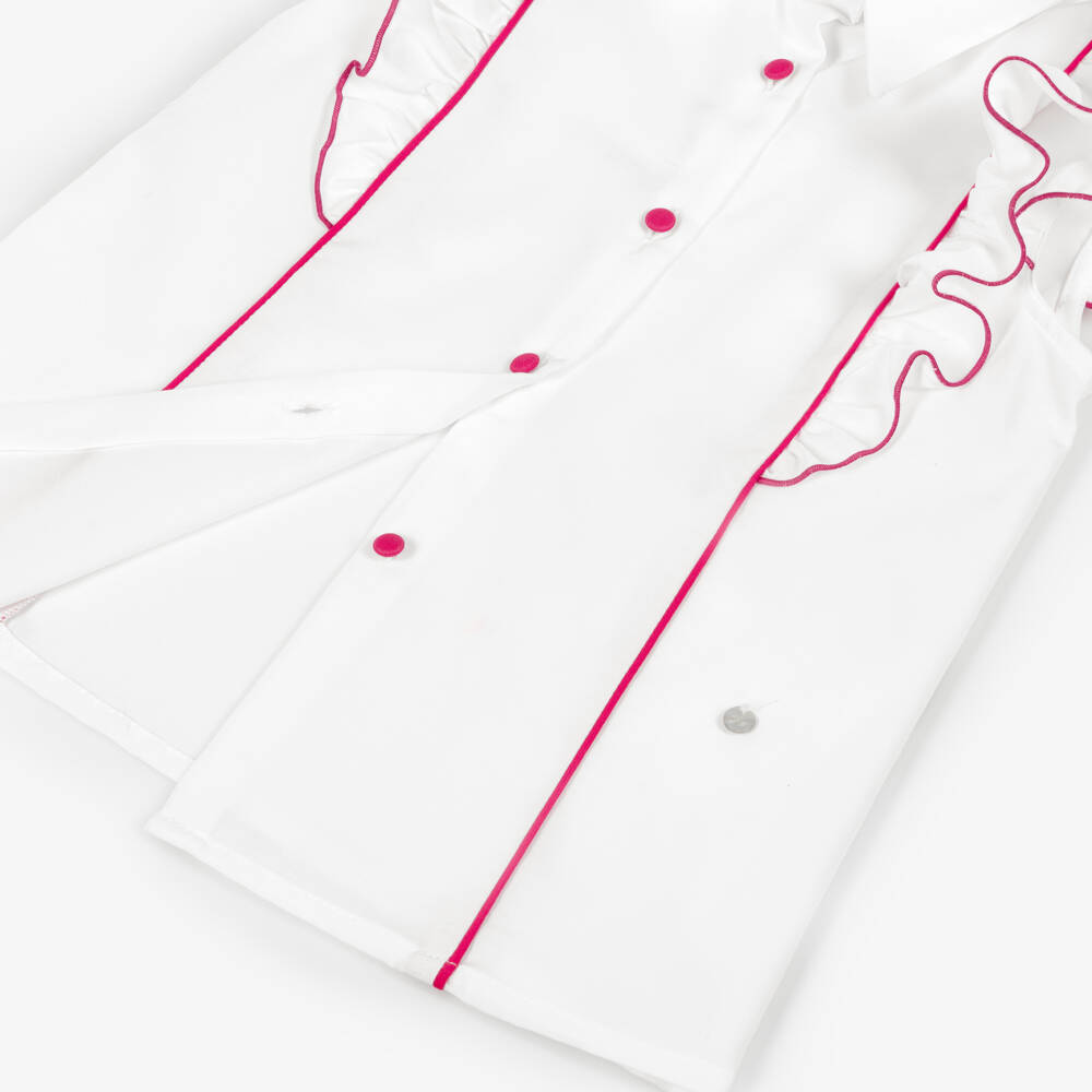 Piccola Speranza-Girls White Blouse with Fuchsia Pink Piping | Childrensalon