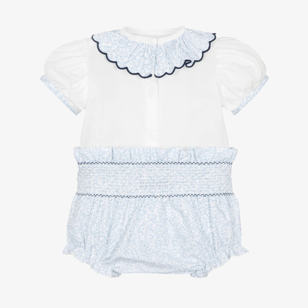 Piccola Speranza-Girls White & Blue Ditsy Floral Print Shorts Set | Childrensalon