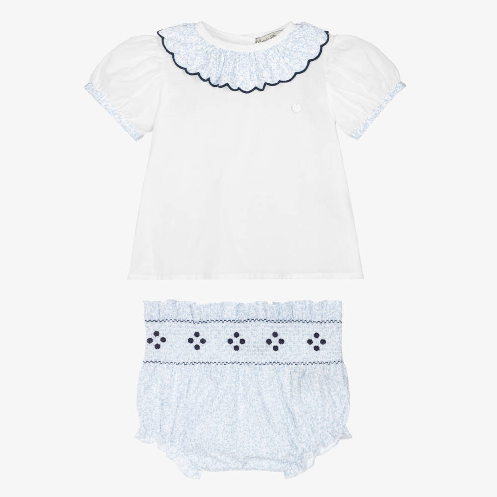 Piccola Speranza-Girls White & Blue Ditsy Floral Print Shorts Set | Childrensalon