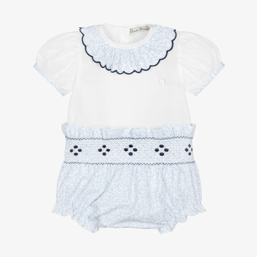 Piccola Speranza-Girls White & Blue Ditsy Floral Print Shorts Set | Childrensalon