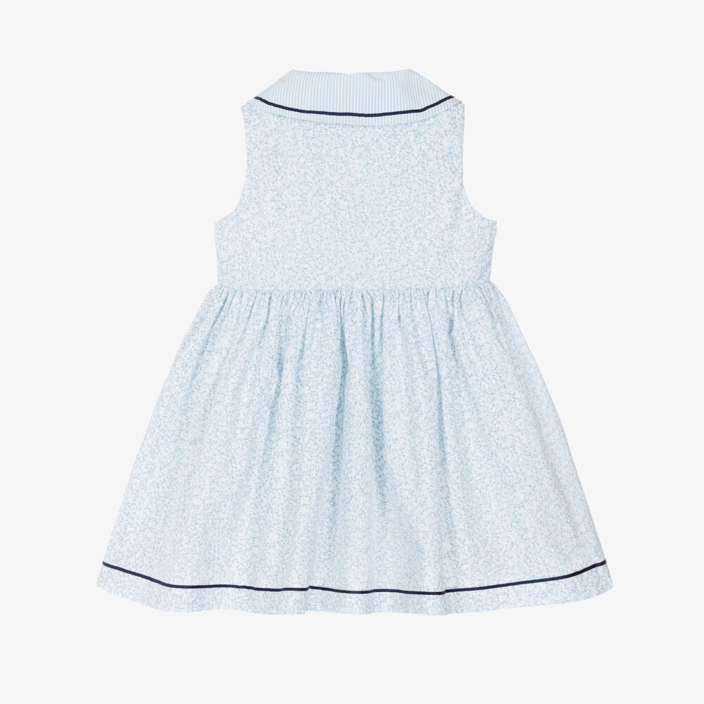 Piccola Speranza-Girls White & Blue Ditsy Floral Sleeveless Cotton Dress | Childrensalon