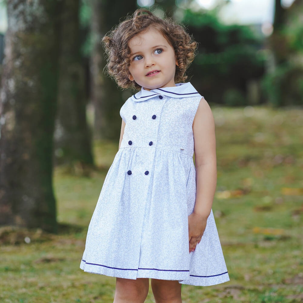 Piccola Speranza-Girls White & Blue Ditsy Floral Sleeveless Cotton Dress | Childrensalon