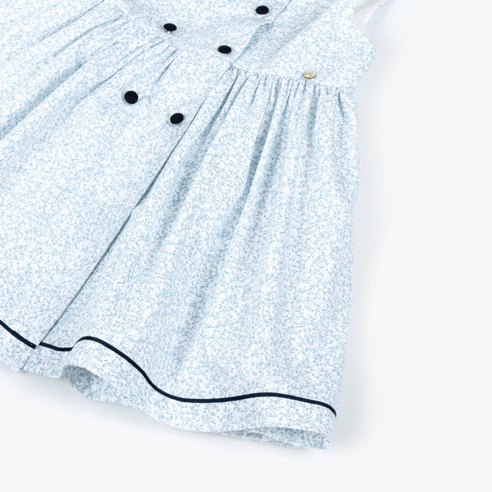 Piccola Speranza-Girls White & Blue Ditsy Floral Sleeveless Cotton Dress | Childrensalon