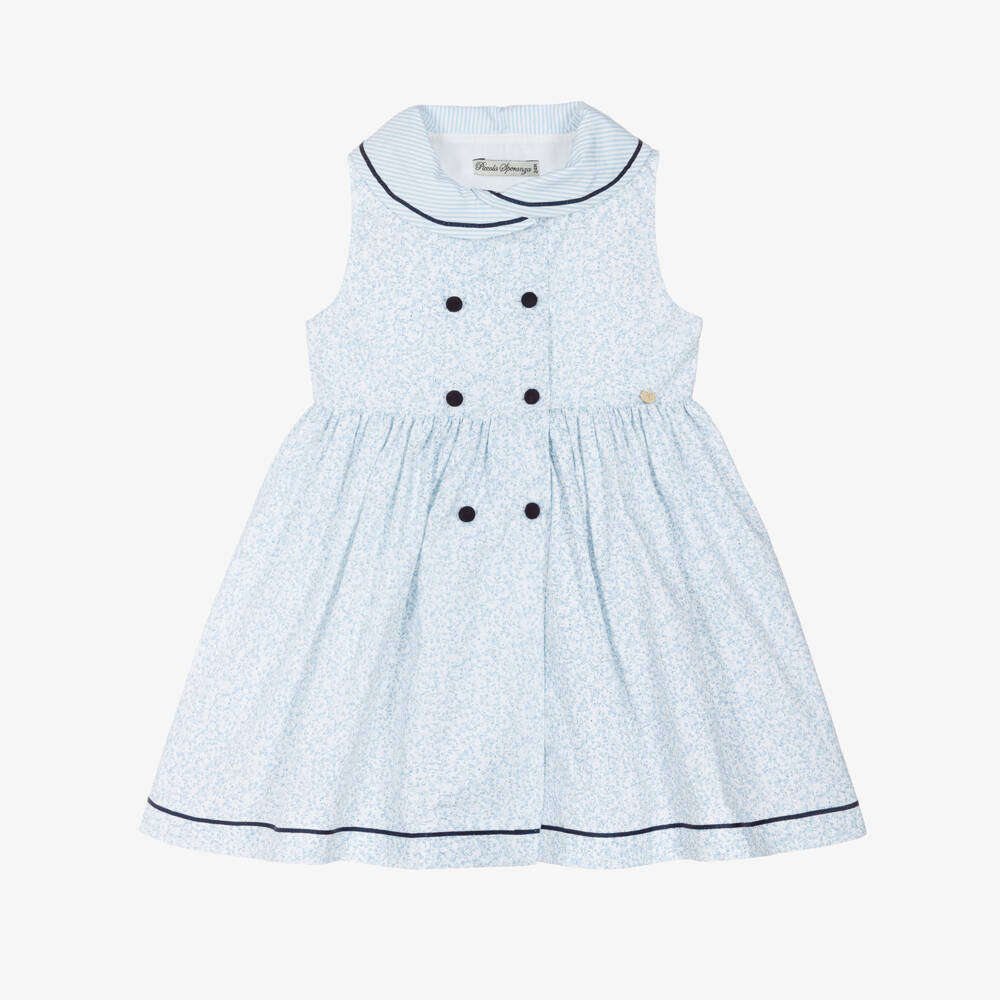Piccola Speranza-Girls White & Blue Ditsy Floral Sleeveless Cotton Dress | Childrensalon
