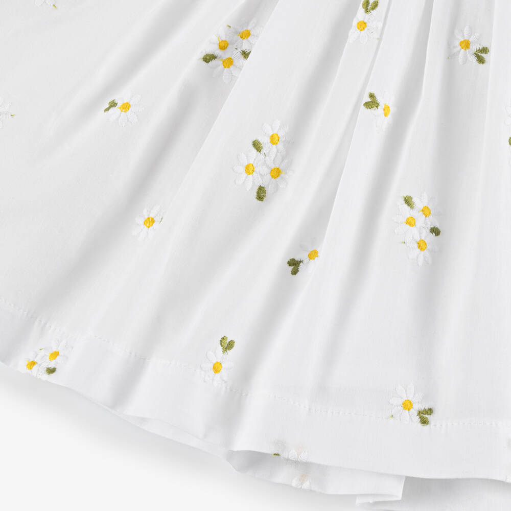 Piccola Speranza-Girls White Cotton Dress with Embroidered Daisies | Childrensalon