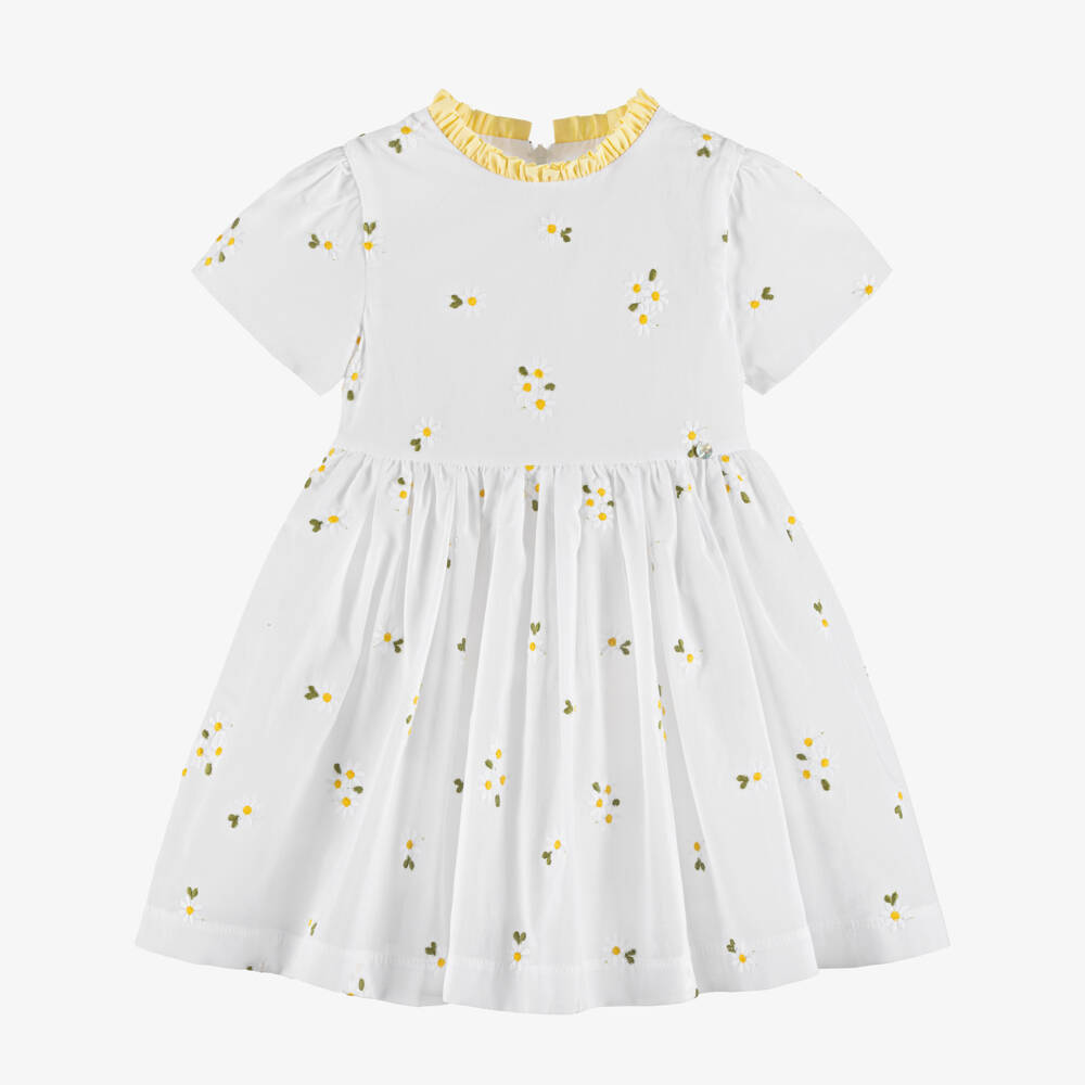 Piccola Speranza-Girls White Cotton Dress with Embroidered Daisies | Childrensalon