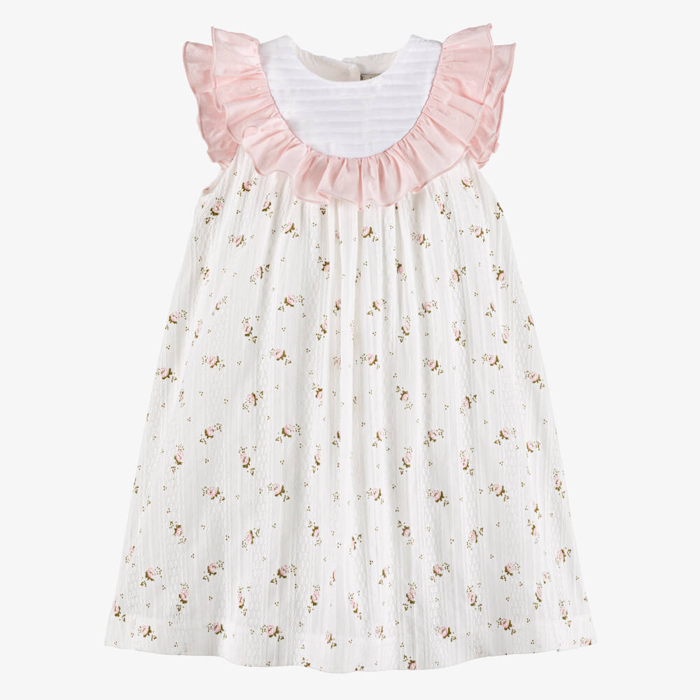 Piccola Speranza-Girls White Cotton Dress with Pink Ruffle Collar & Floral Print | Childrensalon