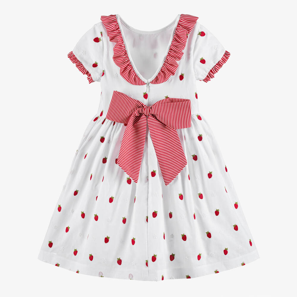 Piccola Speranza-Girls White Cotton Dress with Red Embroidered Strawberries | Childrensalon