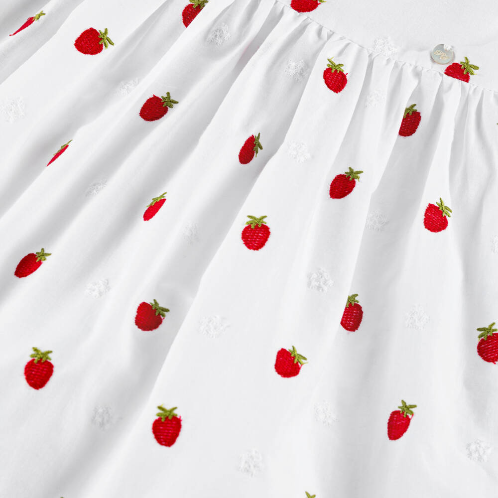 Piccola Speranza-Girls White Cotton Dress with Red Embroidered Strawberries | Childrensalon