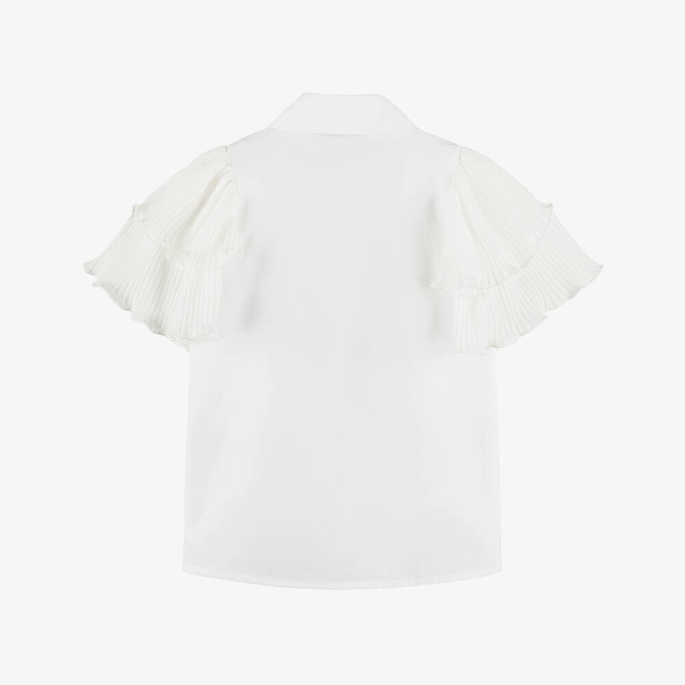 Piccola Speranza-Girls White Cotton Rose Blouse with Pleated Crêpe Sleeves | Childrensalon