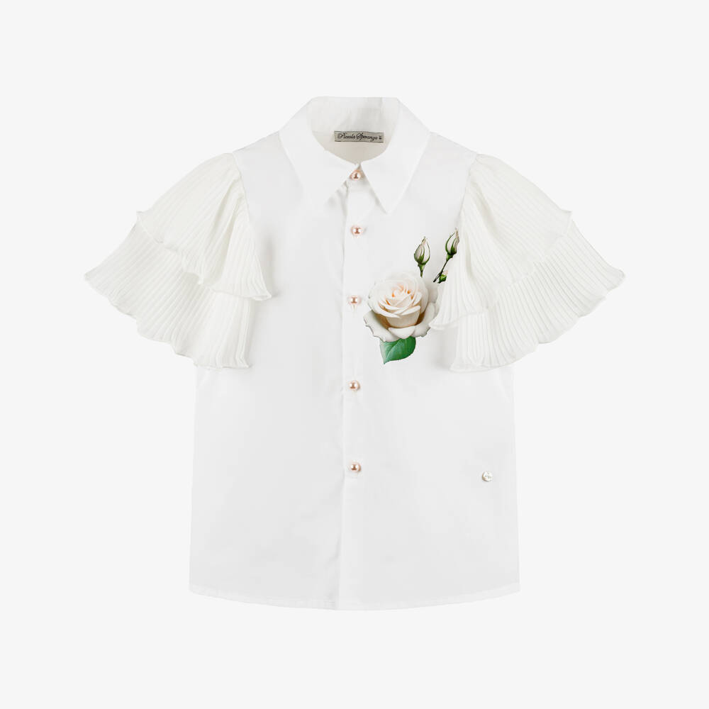 Piccola Speranza-Girls White Cotton Rose Blouse with Pleated Crêpe Sleeves | Childrensalon