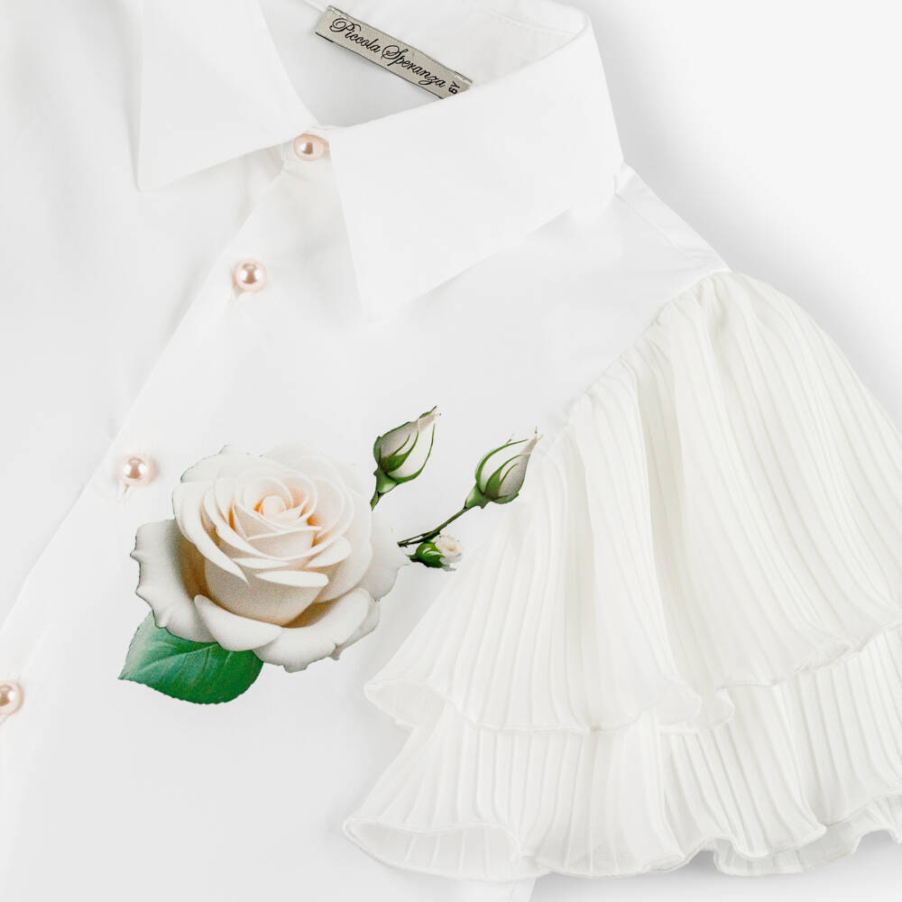 Piccola Speranza-Girls White Cotton Rose Blouse with Pleated Crêpe Sleeves | Childrensalon