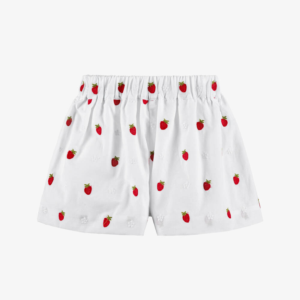 Piccola Speranza-Girls White Cotton Shorts with Embroidered Strawberries | Childrensalon
