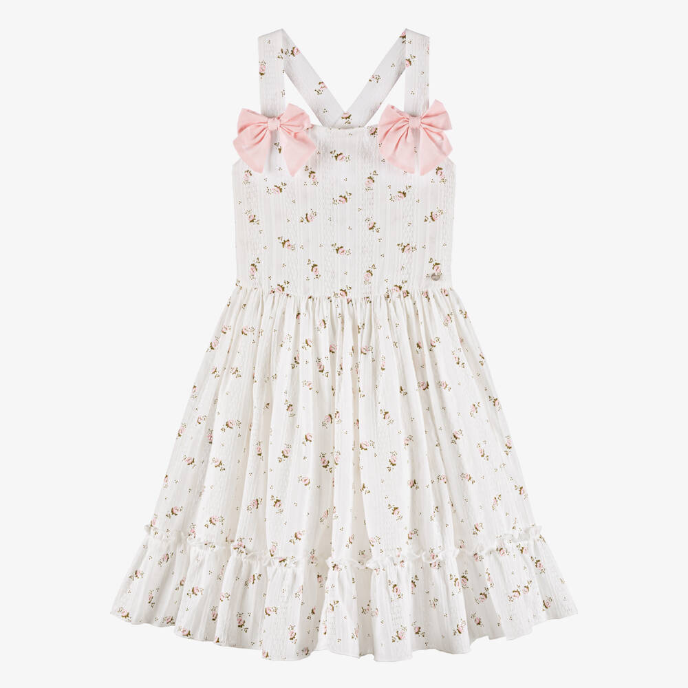 Piccola Speranza-Girls White Cotton Sundress with Pink Floral Print & Bows | Childrensalon