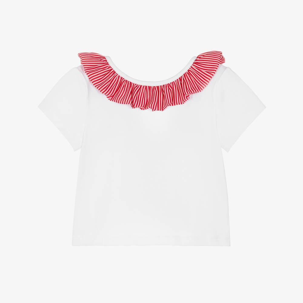 Piccola Speranza-Girls White Cotton T-Shirt with Red Striped Ruffles & Bow | Childrensalon