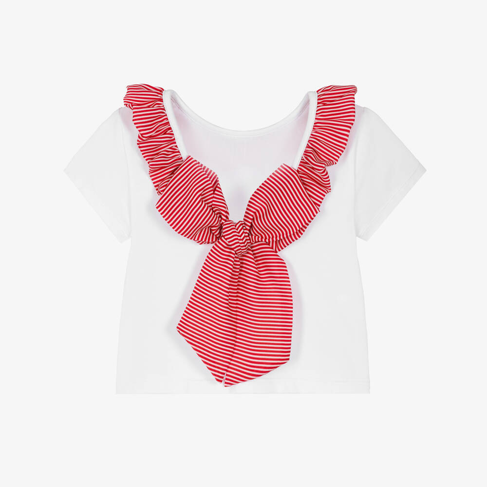 Piccola Speranza-Girls White Cotton T-Shirt with Red Striped Ruffles & Bow | Childrensalon