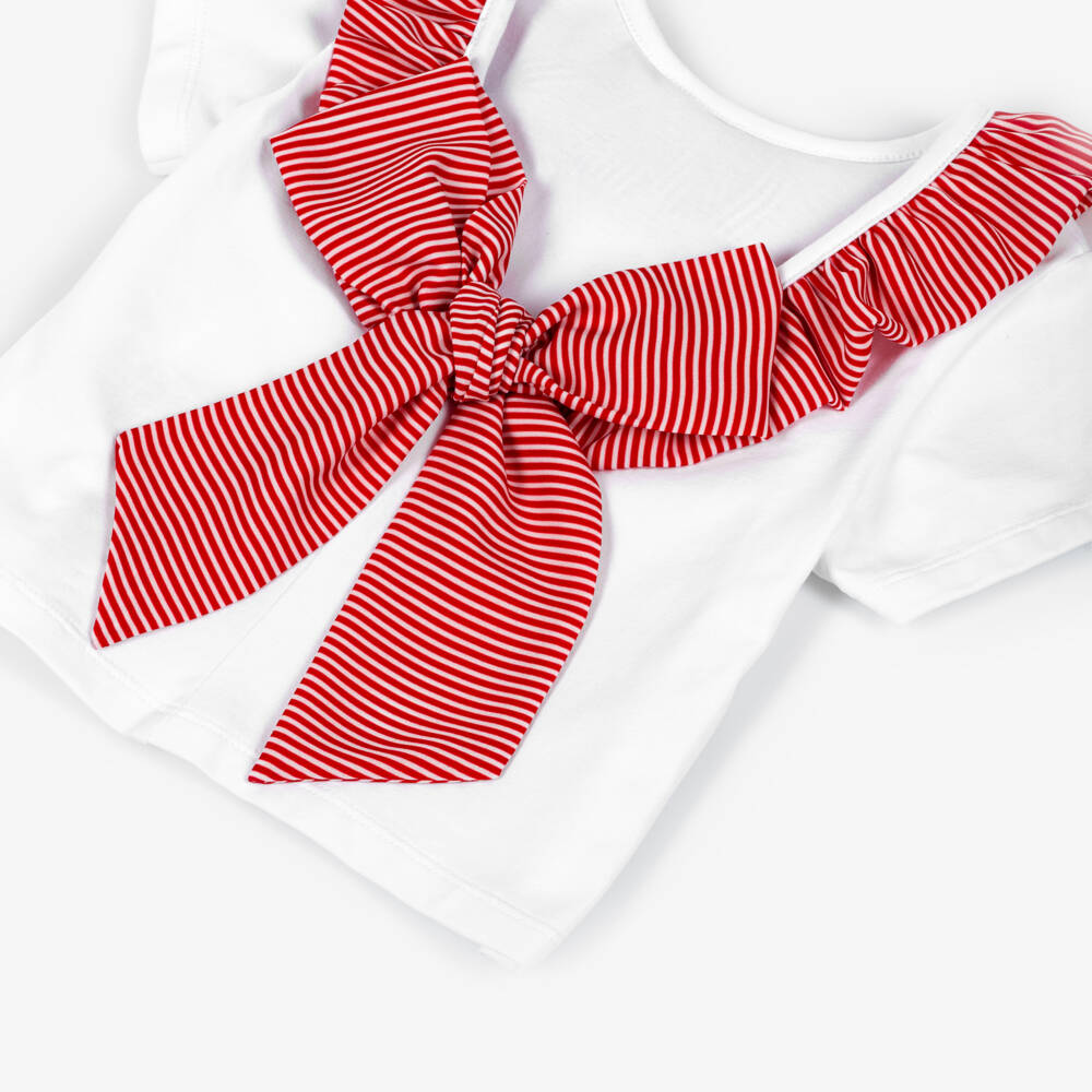 Piccola Speranza-Girls White Cotton T-Shirt with Red Striped Ruffles & Bow | Childrensalon