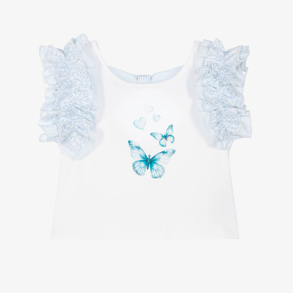 Piccola Speranza-Girls White Cropped T-Shirt with Ruffled Shoulder | Childrensalon