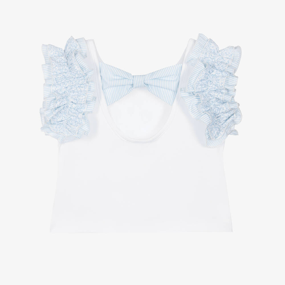 Piccola Speranza-Girls White Cropped T-Shirt with Ruffled Shoulder | Childrensalon