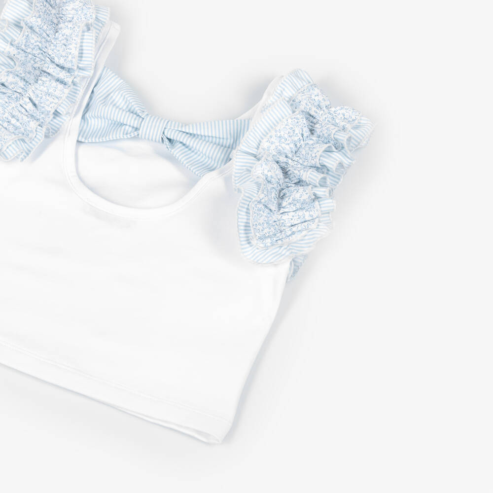 Piccola Speranza-Girls White Cropped T-Shirt with Ruffled Shoulder | Childrensalon