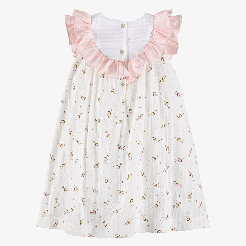 Piccola Speranza-Girls White Floral Print Cotton Dress with Pink Ruffles | Childrensalon