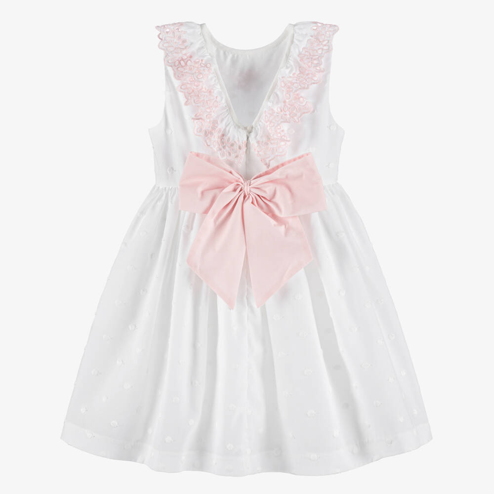 Piccola Speranza-Girls White & Pink Cotton Embroidered Polka Dot Dress | Childrensalon