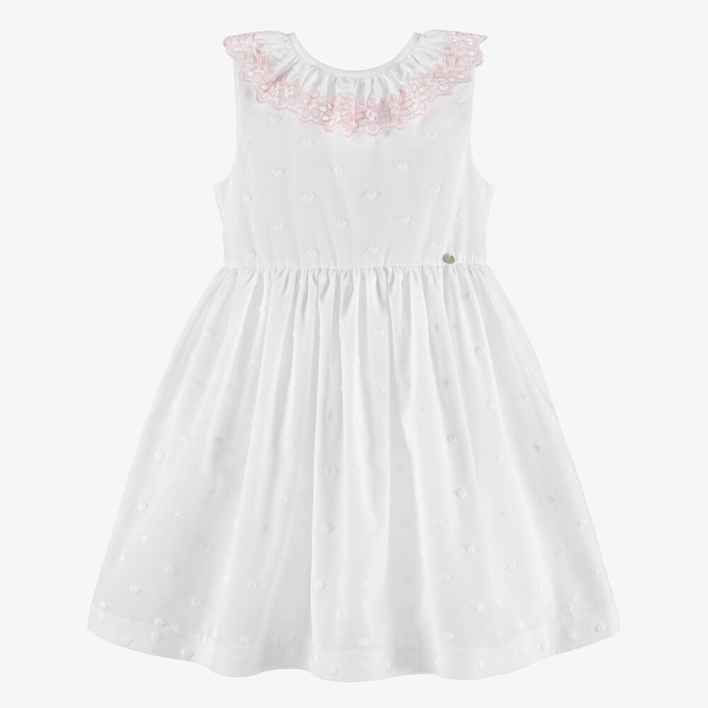 Piccola Speranza-Girls White & Pink Cotton Embroidered Polka Dot Dress | Childrensalon