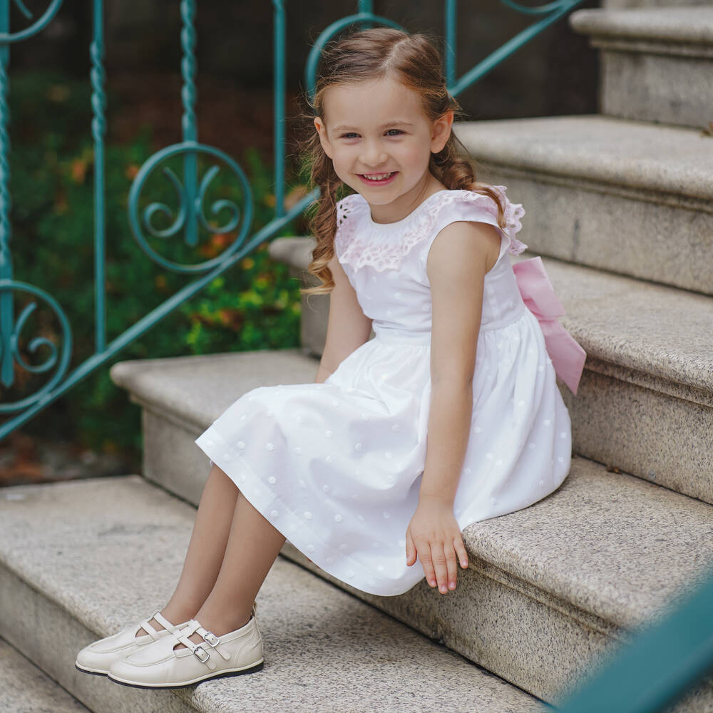 Piccola Speranza-فستان قطن مطرز بنقاط بولكا لون أبيض وزهري للبنات | Childrensalon