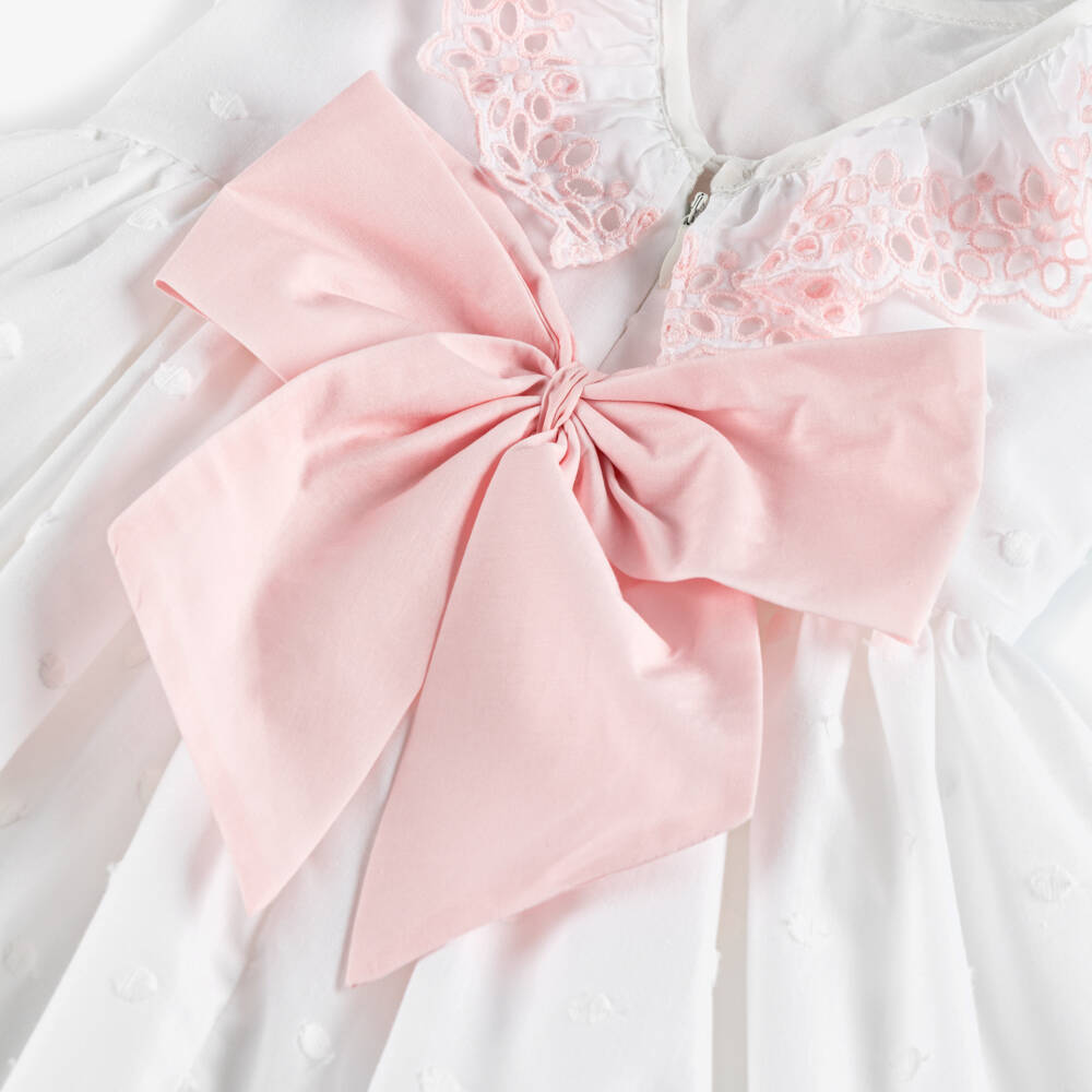 Piccola Speranza-Girls White & Pink Cotton Embroidered Polka Dot Dress | Childrensalon