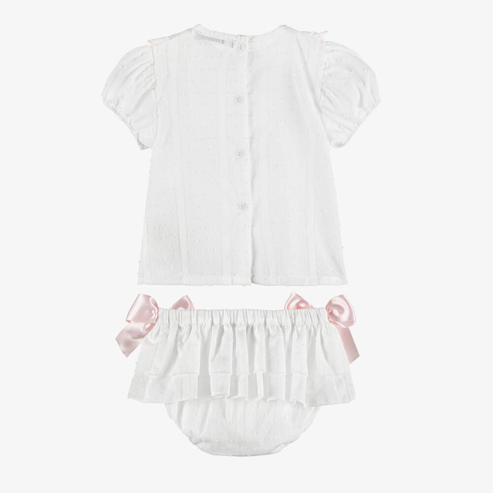 Piccola Speranza-Girls White Plumetis Cotton Shorts Set with Pink Satin Bows | Childrensalon