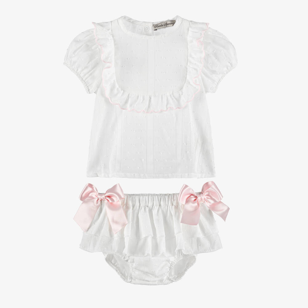 Piccola Speranza-Girls White Plumetis Cotton Shorts Set with Pink Satin Bows | Childrensalon