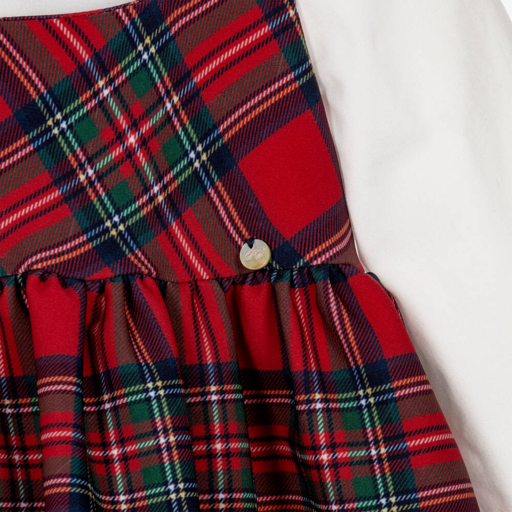 Piccola Speranza-Girls White & Red Tartan Dress Set with Rose Print | Childrensalon