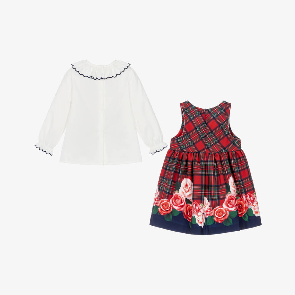 Piccola Speranza-Girls White & Red Tartan Dress Set with Rose Print | Childrensalon