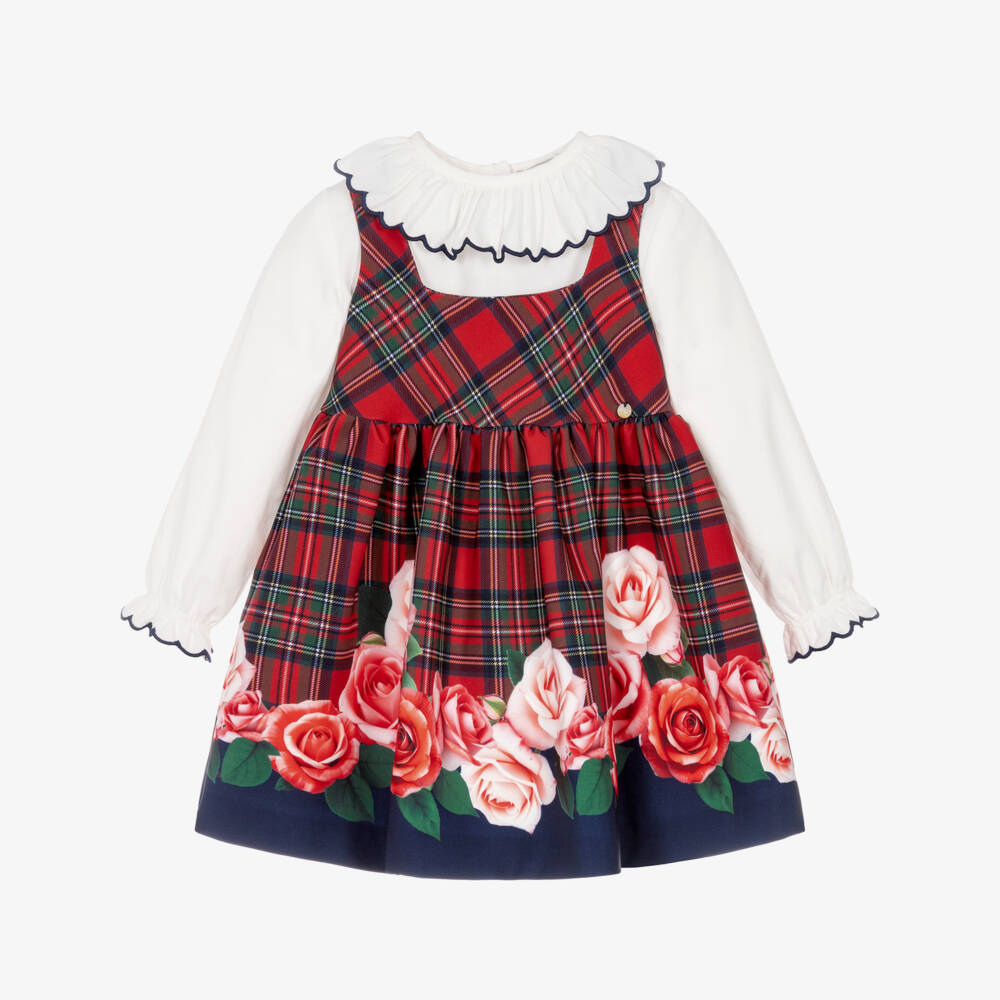 Piccola Speranza-Girls White & Red Tartan Dress Set with Rose Print | Childrensalon