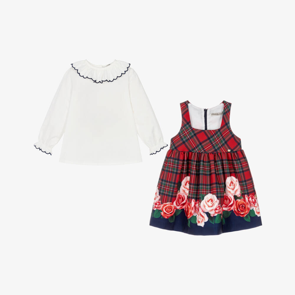 Piccola Speranza-Girls White & Red Tartan Dress Set with Rose Print | Childrensalon