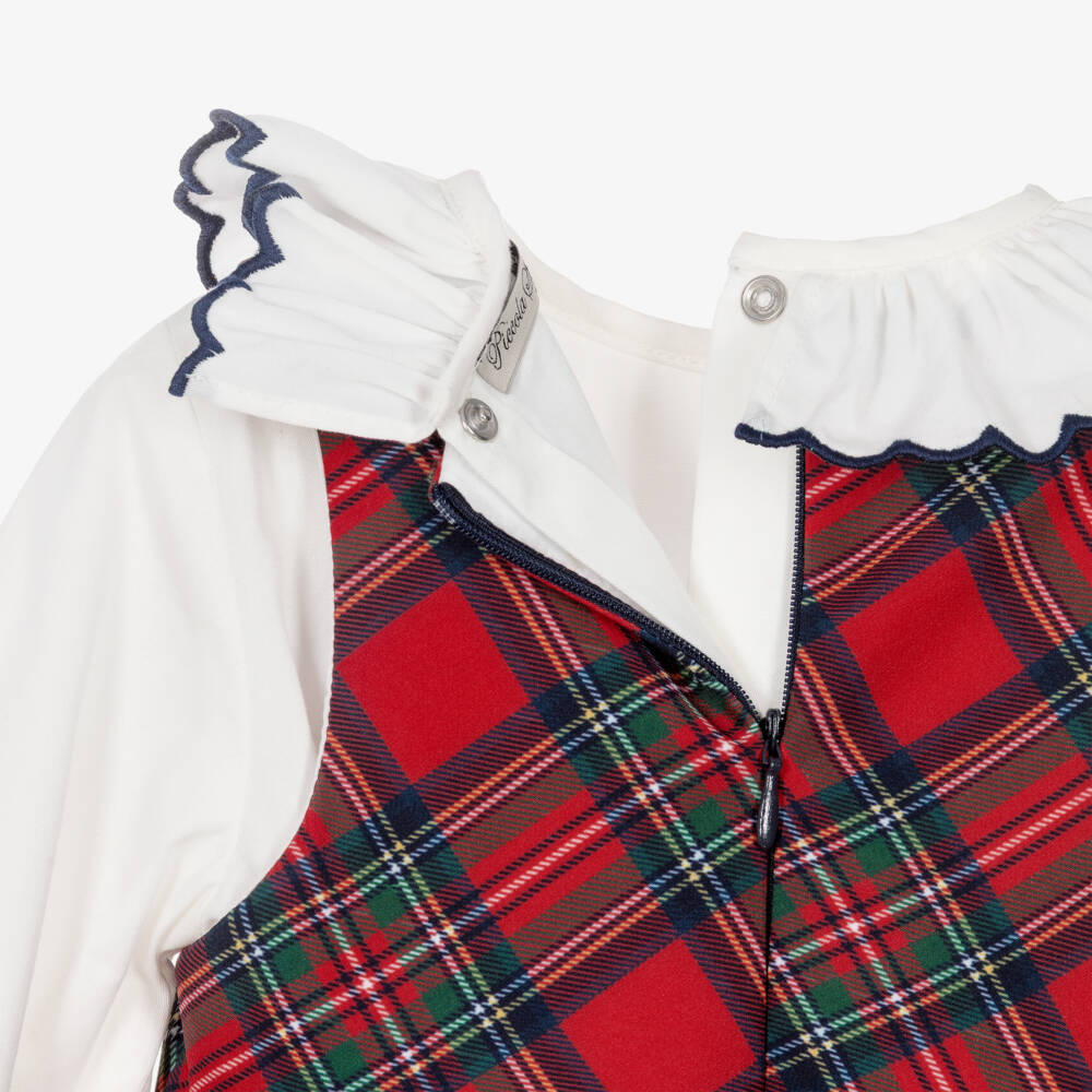 Piccola Speranza-Girls White & Red Tartan Dress Set with Rose Print | Childrensalon
