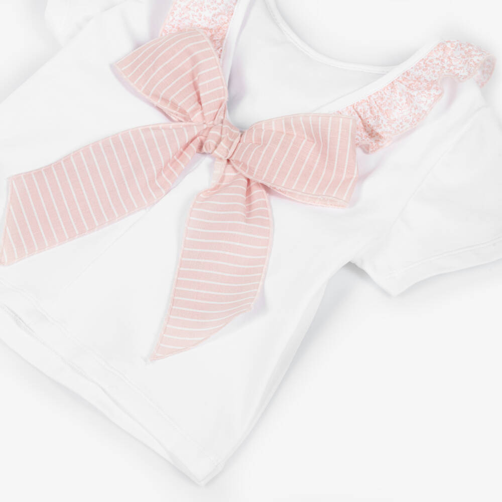 Piccola Speranza-Girls White T-Shirt with Pink Floral Collar & Striped Bow | Childrensalon