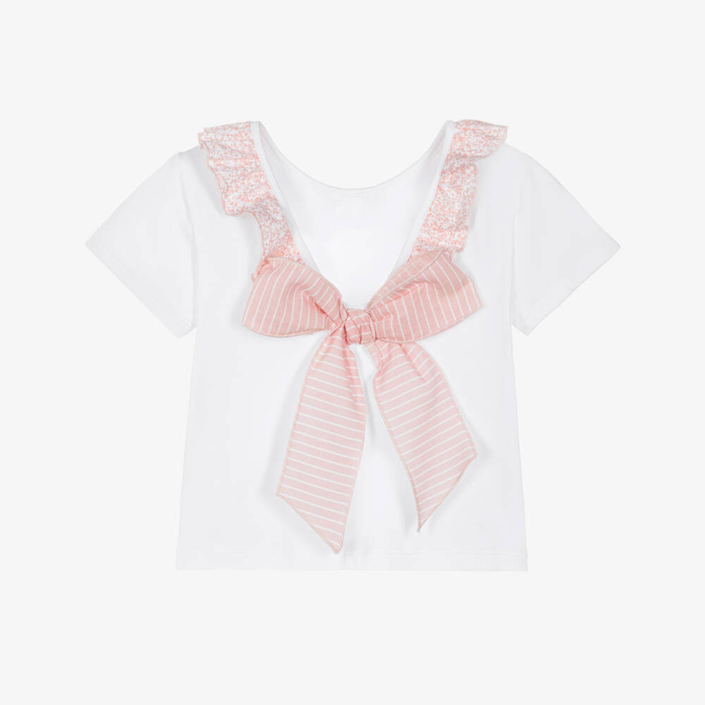 Piccola Speranza-Girls White T-Shirt with Pink Floral Collar & Striped Bow | Childrensalon