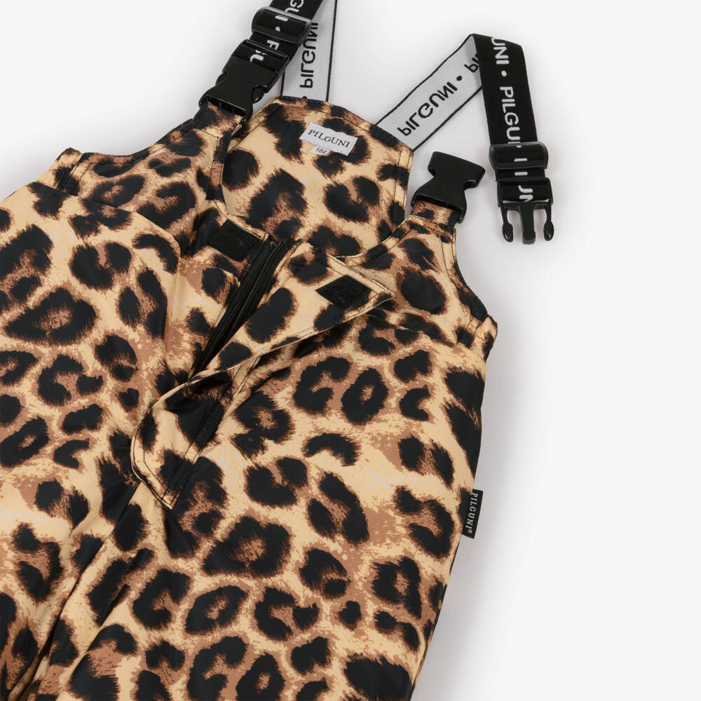 Pilguni-Beige Leopard Print Ski Salopettes with Logo Shoulder Straps | Childrensalon