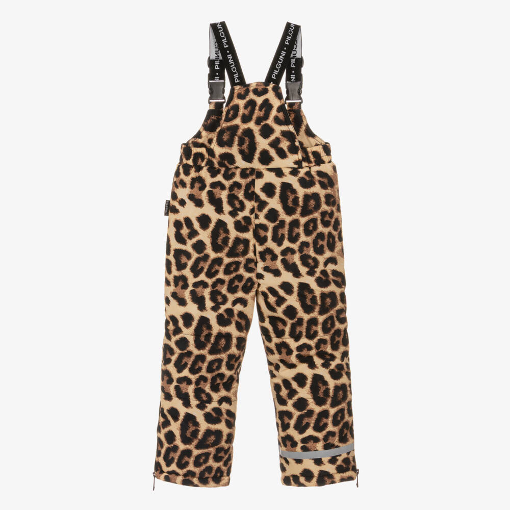 Pilguni-Beige Leopard Print Ski Salopettes with Logo Shoulder Straps | Childrensalon