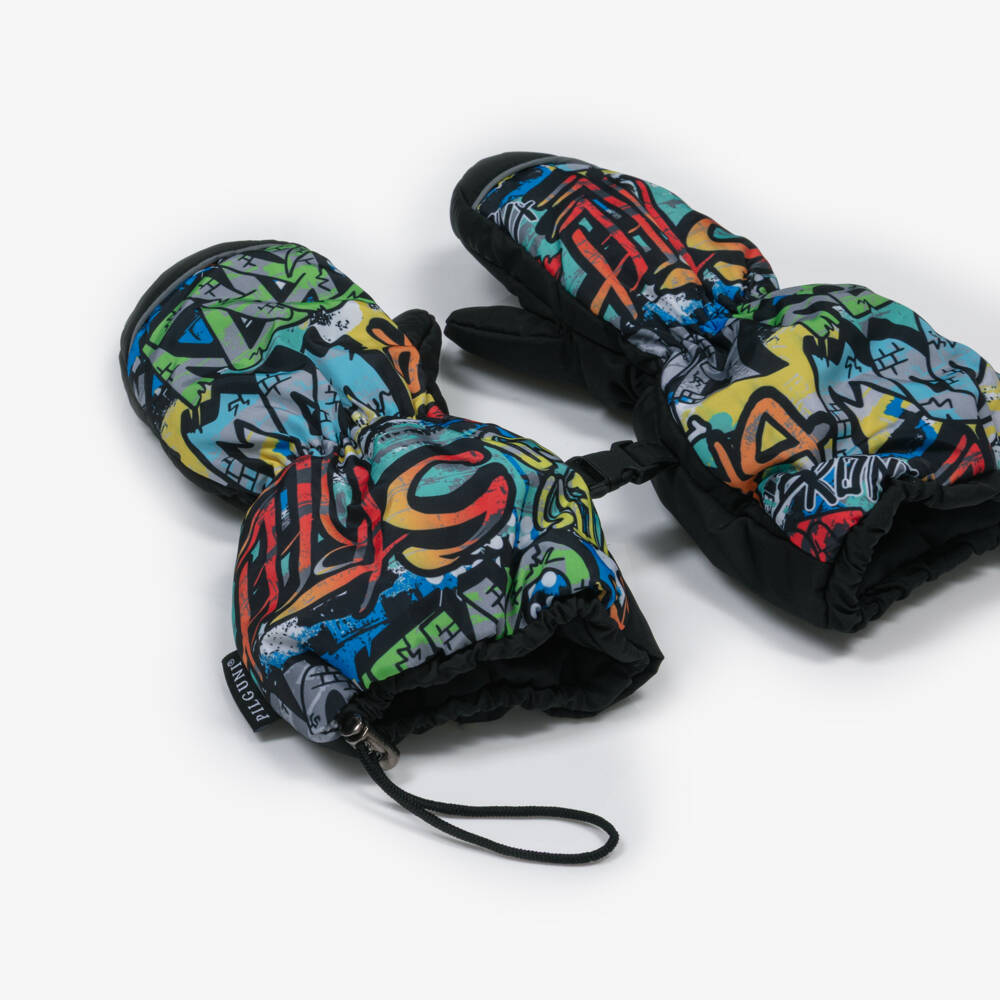 Pilguni-Boys Black & Multcolour Graffiti Print Ski Mittens | Childrensalon
