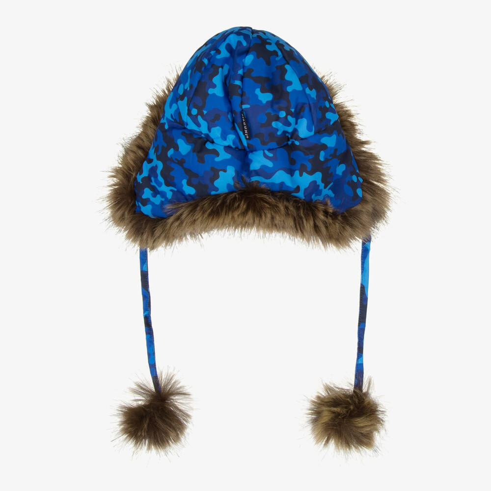 Pilguni-Boys Blue Camouflage Print & Faux Fur Trapper Hat | Childrensalon