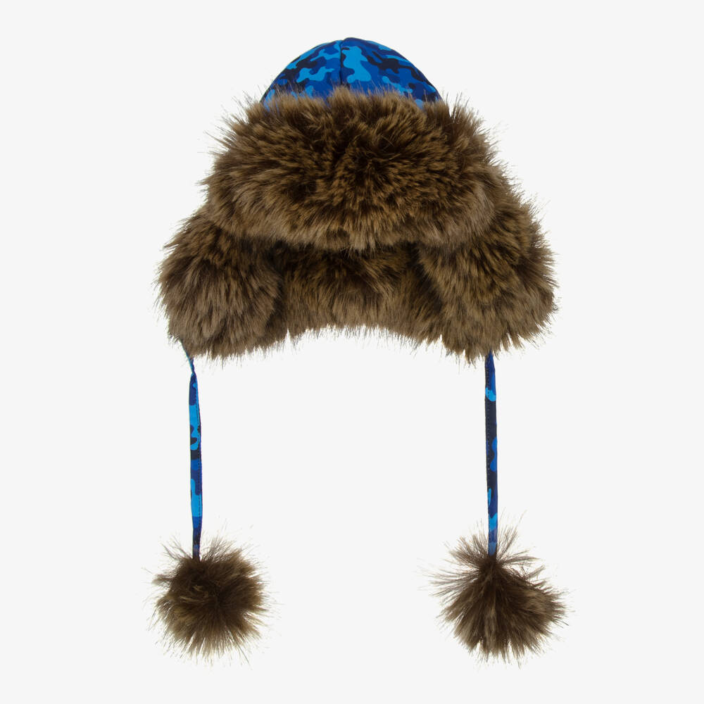 Pilguni-Boys Blue Camouflage Print & Faux Fur Trapper Hat | Childrensalon