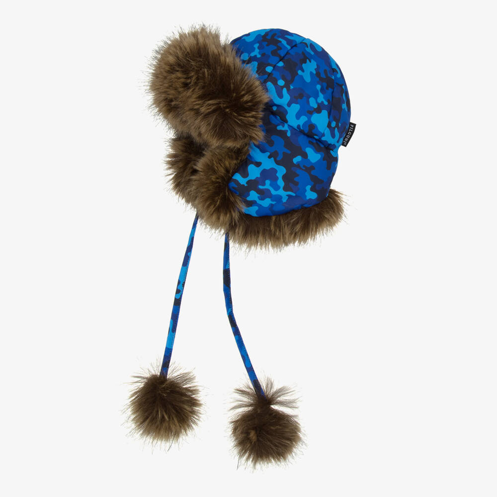 Pilguni-Boys Blue Camouflage Print & Faux Fur Trapper Hat | Childrensalon