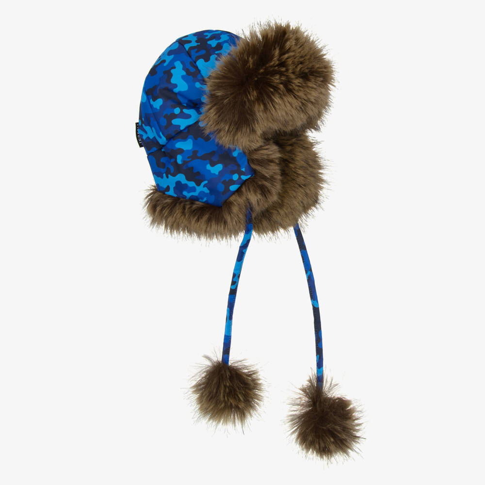 Pilguni-Boys Blue Camouflage Print & Faux Fur Trapper Hat | Childrensalon